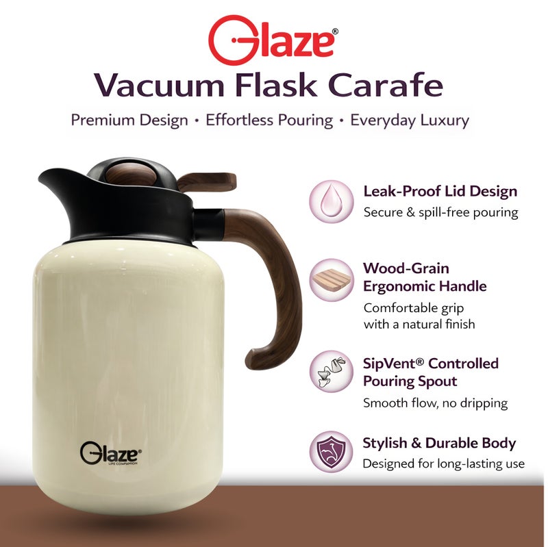 جليز إبريق حراري للقهوة والشاي بسعة 1.8 لتر، ترمس بعزل من الستانلس ستيل 304، يحافظ على المشروبات ساخنة وباردة لساعات، غطاء مانع للتسرب، تصميم أنيق بمقبض خشبي للاستخدام في المنزل، المجلس والضيافة – أبيض - Image 4